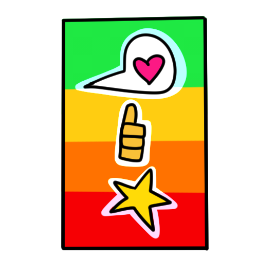 a vertical rectangle that goes from red at the bottom, orange and yellow in the middle, to green at the top. inside the rectangle are a gold star, a thumbs-up, and a speech bubble with a pink heart in it.